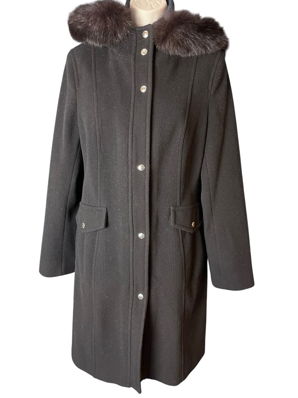 Michael Michael Kors Wool Coat Womens 6 Black Fox Fur Trim Hooded Long Coat Luxe